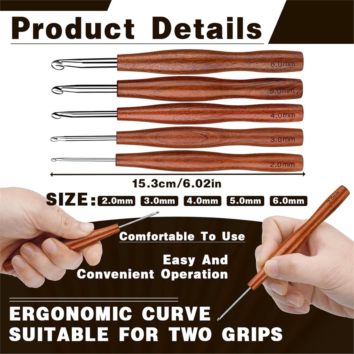 Wooden Crochet Hooks Ergonomic Handle - مجموعة من 5 إبر كروشيه من